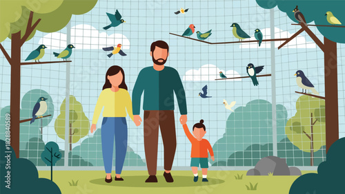 Family walking inside the bird aviary observing colorful species. Ideal for nature learning, wildlife ecology, and peaceful zoo experiences