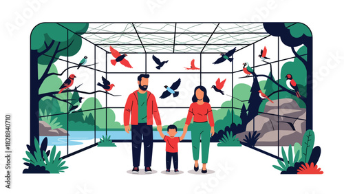 Family walking inside the bird aviary observing colorful species. Ideal for nature learning, wildlife ecology, and peaceful zoo experiences