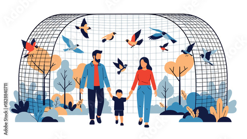 Family walking inside the bird aviary observing colorful species. Ideal for nature learning, wildlife ecology, and peaceful zoo experiences