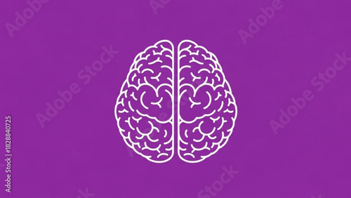Minimalist white line art illustration of a human brain viewed from above against a solid vibrant purple background, symbolizing thought and intelligence