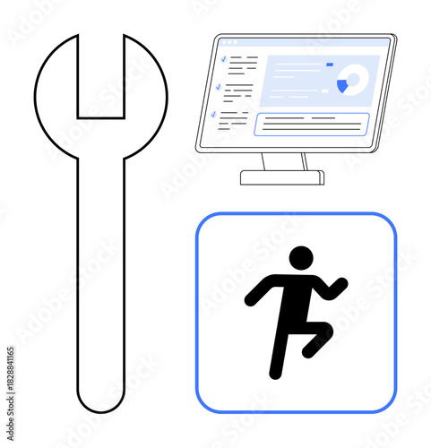 Wrench for repair, data analytics on a monitor, and running icon for speed or action. Ideal for maintenance, productivity, fitness, analytics, management optimization and teamwork concepts. Simple