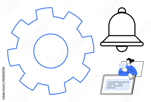 Notification system. Notification icon, gear symbol, and user interacting with a tablet a notification system. Notification for tech alerts, productivity, education, interface design, and digital