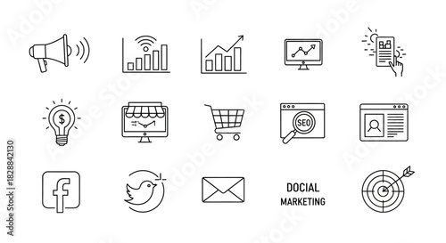 Collection of Hand-Drawn Social Media Marketing Icons and Symbols.