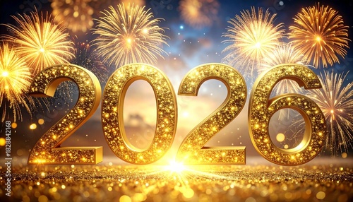 Glittering Gold 2026 Text with Fireworks and Sparkling Lights on Festive Background