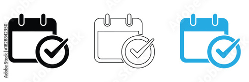 Schedule complete icons for deadlines and productivity reminders, manage your calendar with date confirmation for streamlined workflows