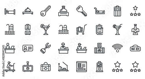 Collection of Hotel Service Icons Representing Amenities and Facilities.