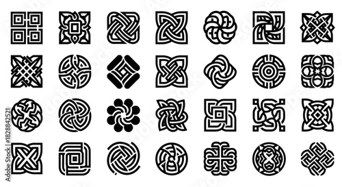 Collection of Intricate Black and White Celtic Knot and Geometric Design Symbols.