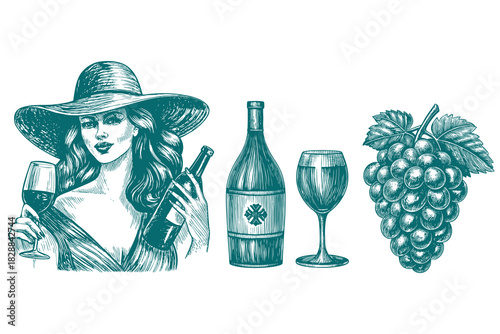 wine themed illustration collection showing isolated hand drawn line art elements including ripe grape clusters and a retro styled woman holding a wine bottle and a filled glass.