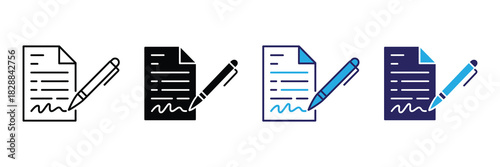 Signing document icon set vector, represents agreement, contract, legal paper, signature, and writing, in line, solid, and colored styles on white.
