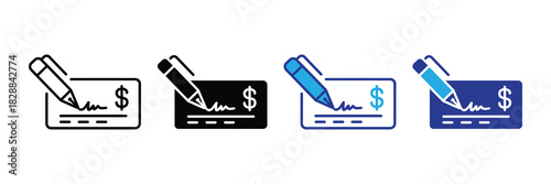 Icon representing signing a check with a pen, featuring different styles and color variations for diverse design needs.