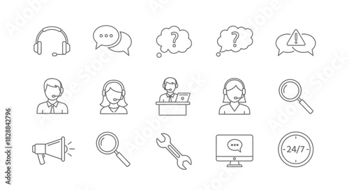 Collection of Line Art Icons Representing Customer Service and Support Concepts.