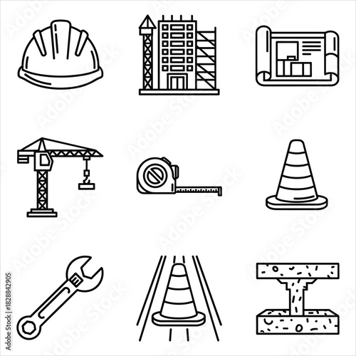 Construction safety and building site tools outline icon set isolated on white background, Vector