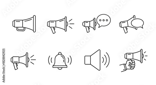 Collection of Line Art Megaphone and Bell Icons Representing Communication and Alerts.