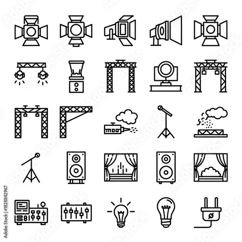 Collection of Line Art Stage Lighting and Equipment Icons for Entertainment Venues.