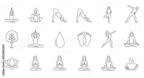 Collection of Line Art Yoga Poses and Symbols Depicting Wellness and Meditation.