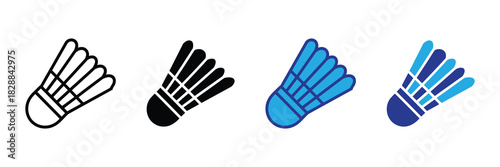 Collection of four isolated shuttlecock icons in outline, solid black, light blue, and dark blue for badminton gameplay and sports