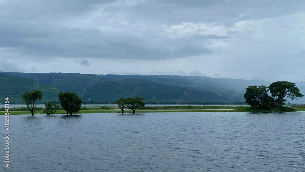 Fototapeta premium A moody, overcast day over a vast body of water with scattered trees and distant hills