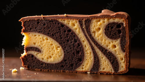 Delicious cake slice with chocolate and vanilla layers, showcasing beautiful swirl pattern, perfect for dessert lovers