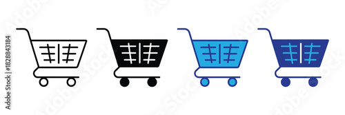 Set of four shopping cart icons in different styles: outline, solid black, and two shades of blue, representing e-commerce and retail processes.
