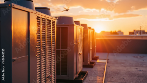 Cooling units on rooftop during sunset, showcasing modern architecture and technology. warm glow of sun enhances industrial aesthetic