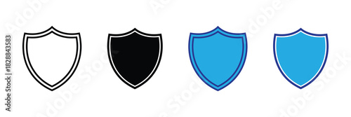 Set of four shield icons: outline, solid black, and two blue variations with white border, symbolizing protection and security.