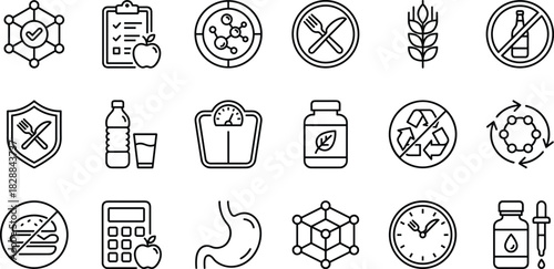 Healthy Lifestyle and Nutrition Icons Collection: Wellness, Diet, Organic Food, Metabolism, Weight Loss, Detox, Gluten-Free, Alcohol Restriction, Vitamins, Recycling, and Digestive Health Line