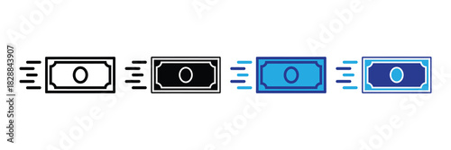 Money flying fast icon set with motion blur effect, representing quick financial transactions, cash flow, and rapid payment processing
