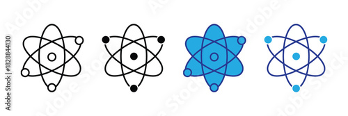 Atomic orbit symbol set, representing physics, science, and chemistry concepts with minimalist icons on white background.