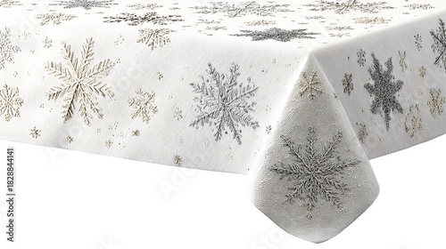 Cotton tablecloth with hand-stitched snowflakes in varying sizes, isolated on white background