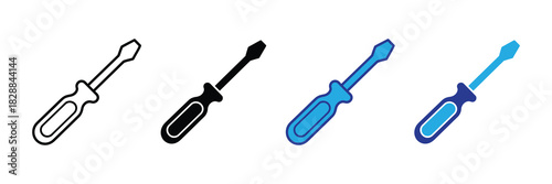 A collection of four isolated screwdriver icons in various styles: outline, solid black, blue, and two-tone blue, representing tools for repair and diy projects.