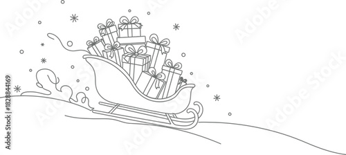 Sleigh full of christmas presents speeding through the snow in a line art style