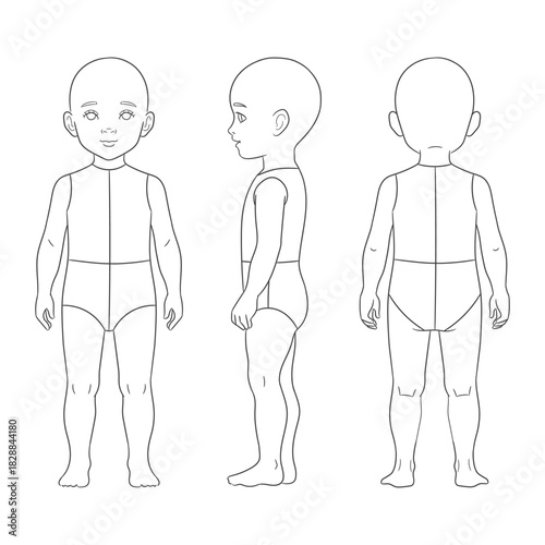 A clean vector line-art child body template showing front, side, and back views. Ideal for children’s clothing design, pattern drafting, fashion sketches, and product illustrations.