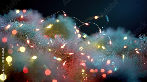 Colorful fairy lights twinkle amongst textured tinsel on a dark background creating a festive glow