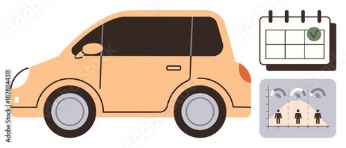Orange car with calendar marked for date and statistical graph displaying usage distribution. Ideal for travel, scheduling, automotive rental, car sharing, transportation, time management, and data