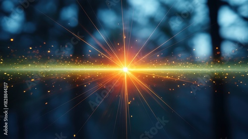 Brilliant golden light streaks shine through dark forest trees with specks of sparkling gold