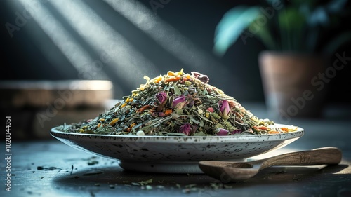 Herbs and blossoms on a ceramic plate create an earthy, aromatic blend in soft light