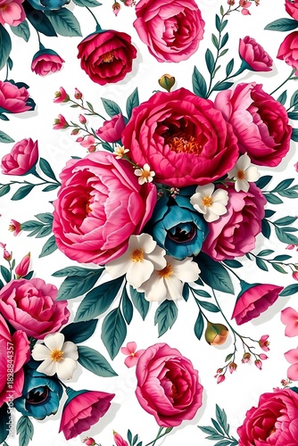 Vibrant Floral Arrangement Pink Roses and Greenery on White Background.