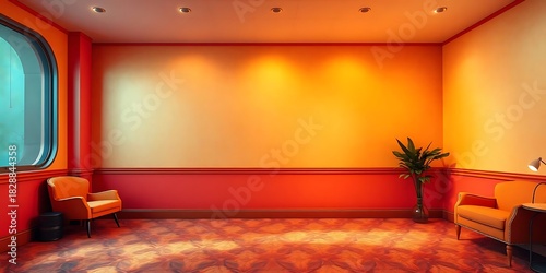 Vibrant Interior Space with Orange and Red Tones.