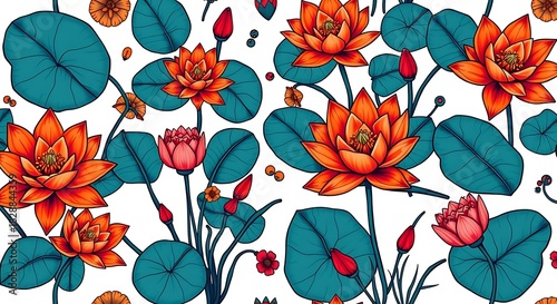 Vibrant Floral Pattern Orange Lotus Blossoms and Teal Leaves.