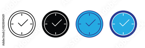 Four stylized clock icons representing time management, punctuality, schedules, and deadlines in various design styles, isolated on white.