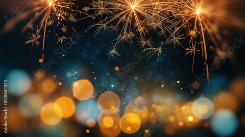 Golden fireworks light up the night sky above blurred amber and blue bokeh