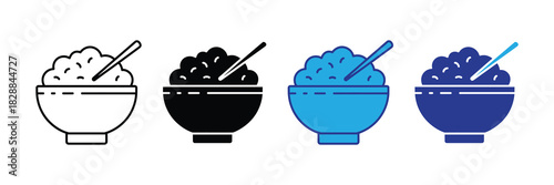 Bowl of rice with chopsticks icon set: outline, solid black, blue, and dark blue variations for diverse design applications