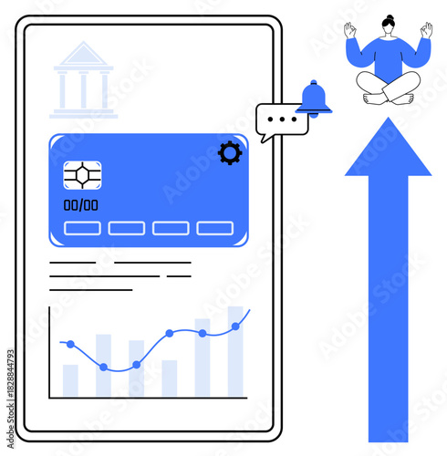 Smartphone screen with credit card, analytics graph, notification, and user meditating above arrow. Ideal for banking, finance tracking, growth, mindfulness, technology efficiency simple flat