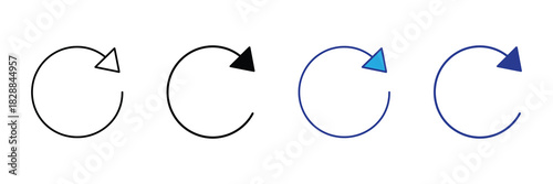 Four circular arrow icons representing refresh, reload, or rotate action in different styles: outline, solid black, and two shades of blue on a white background.
