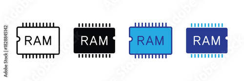 Collection of four distinct ram chips icons, each with the abbreviation 'ram' clearly visible, on a white background, showcasing variety in design and color. 111