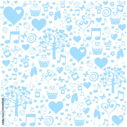 Valentine seamless pattern with hearts, Cupcakes, gift boxes, flowers, notes, stars. Perfect for wallpaper, web page background, textile, greeting cards and wedding invitations. Vector Illustration