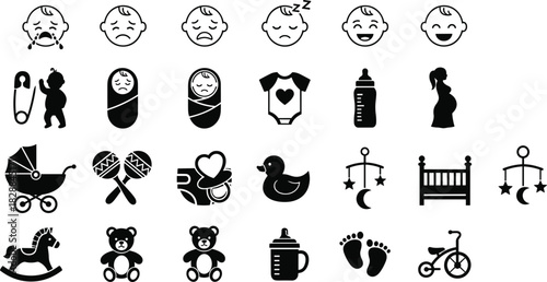 Baby icons, childcare symbols, parenting design, infant items, black illustration, baby gear, toddler toys, newborn essentials, cute graphics, early childhood