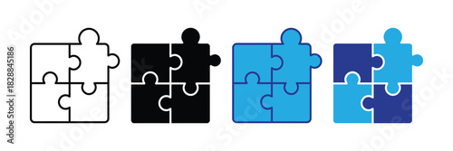 Four puzzle pieces icons representing connection and solutions, a symbol of teamwork and complexity in black, white, and blue colors.