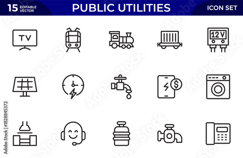 Public utilities line icons set. Public Utilities Water, Fuel, Electricity, gas, garage, Solar House, Rent receipt, Maintainence, and More vector illustration