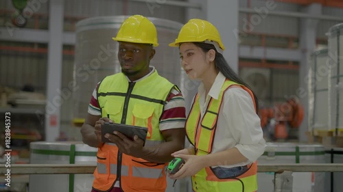 Industrial diversity team. African American man worker recording data on tablet while Asian woman engineer measures metal coil dimensions. Factory quality control, logistics, warehouse meeting